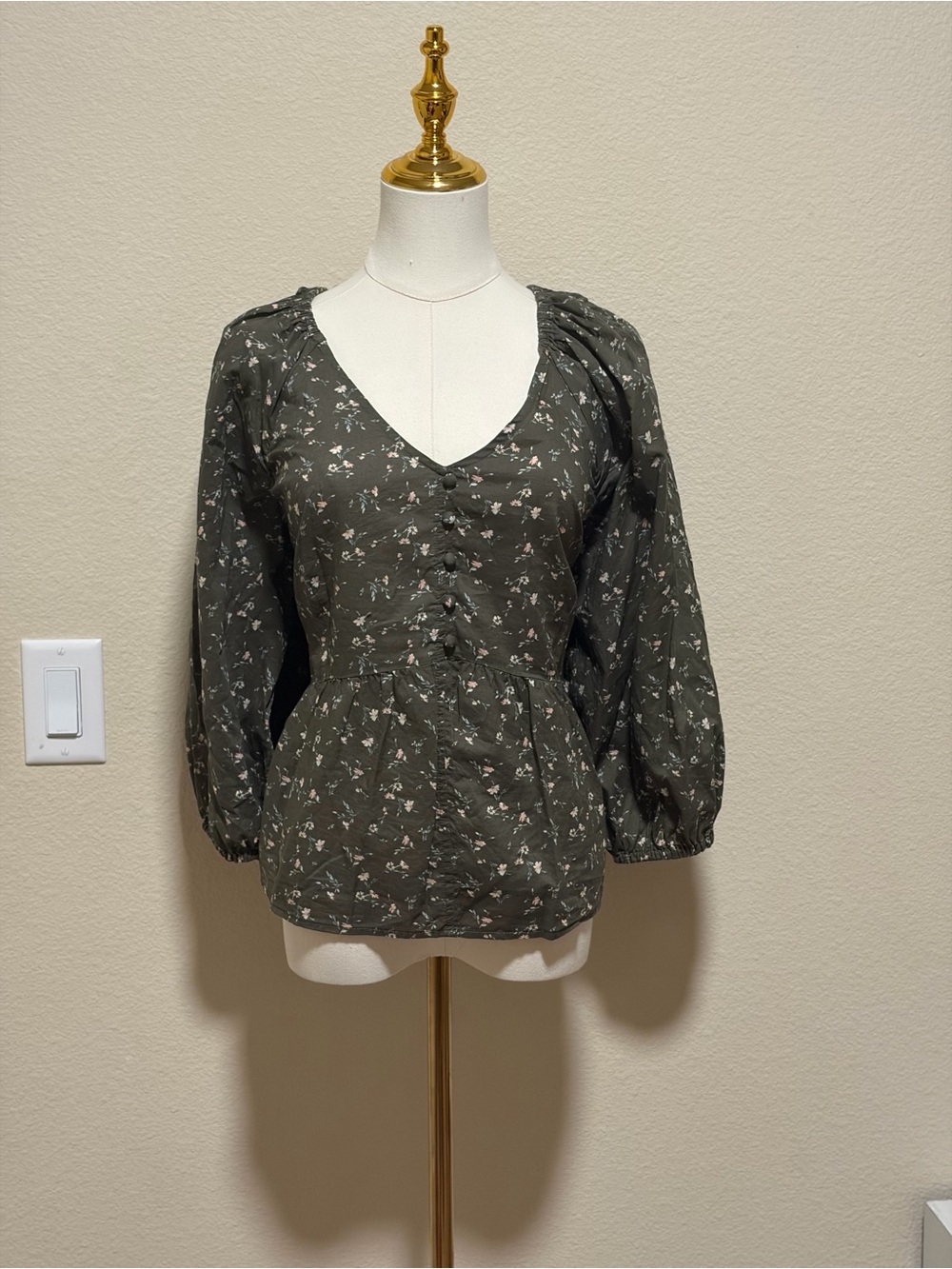 V-Neck Olive Floral Button-Front Peplum Blouse